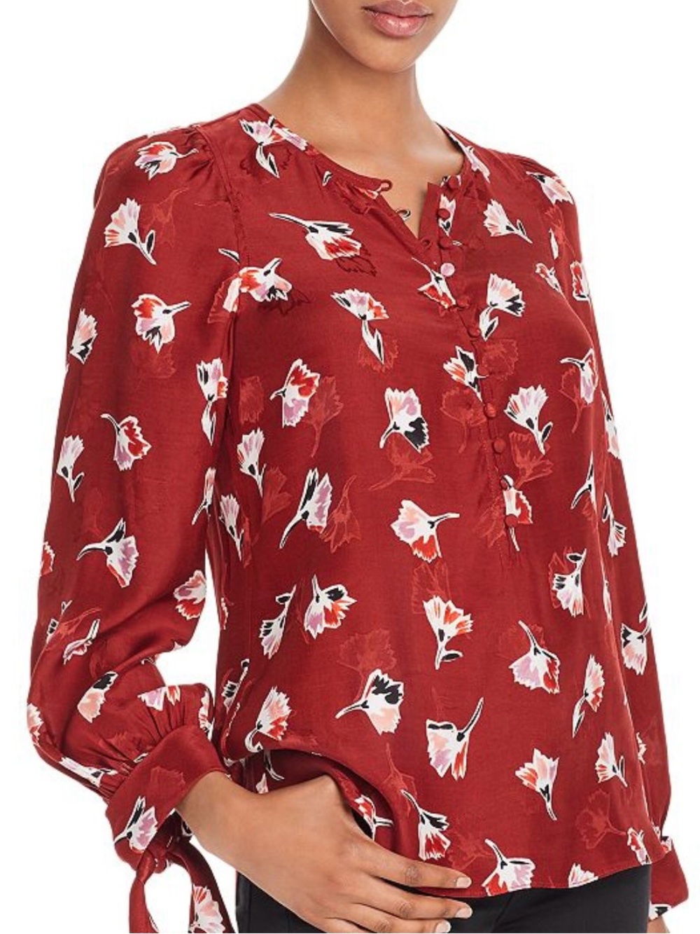 Rebecca Taylor Red Floral Silk Blend Tie-Sleeve Henley Blouse